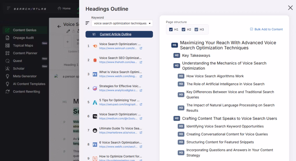 Content genius at work: outlining voice search-optimized headings with Search Atlas for smarter SEO strategy. Content genius headings outline voice search example Search Atlas